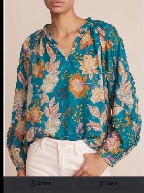 New Calligraphie size L ruffle cotton Teal Floral V-Neck Peasant Blouse